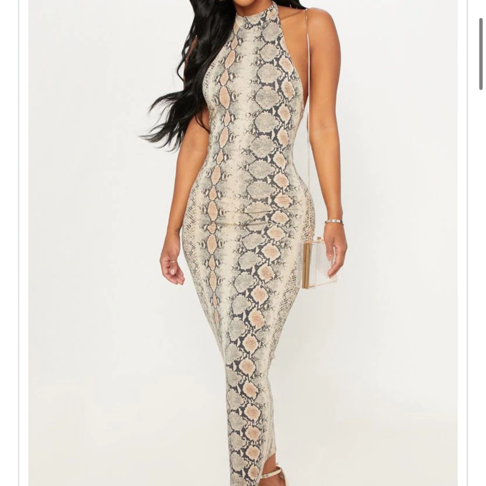 PLT taupe snake print Halterneck midaxi dress